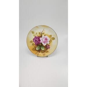 Vintage Hand Painted Rose Plate, Collector Kitchen Decor (8-1/8")